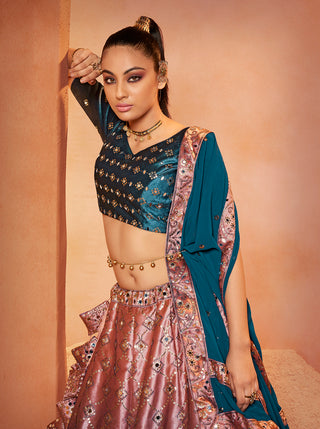 Decent Teal Blue Color Mirror & Sequence Work Velvet Lehenga Choli Clothsvilla
