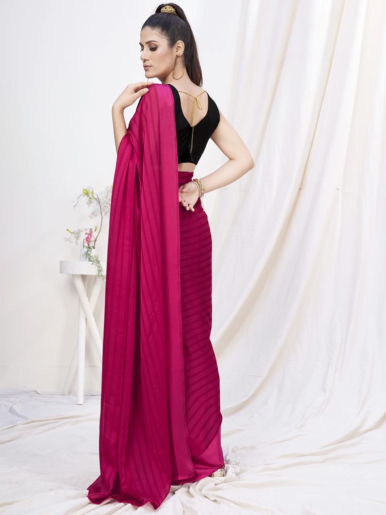 Deep Rani Pink Pre-Stitched Blended Silk Saree Secondary image