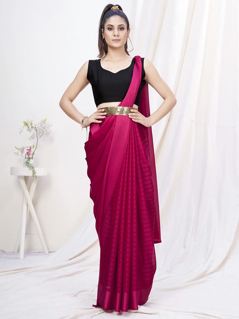 Deep Rani Pink Pre-Stitched Blended Silk Saree ClothsVilla