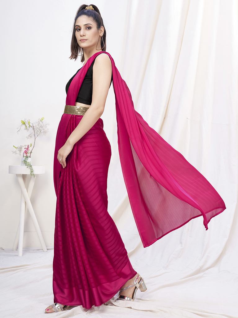Deep Rani Pink Pre-Stitched Blended Silk Saree ClothsVilla