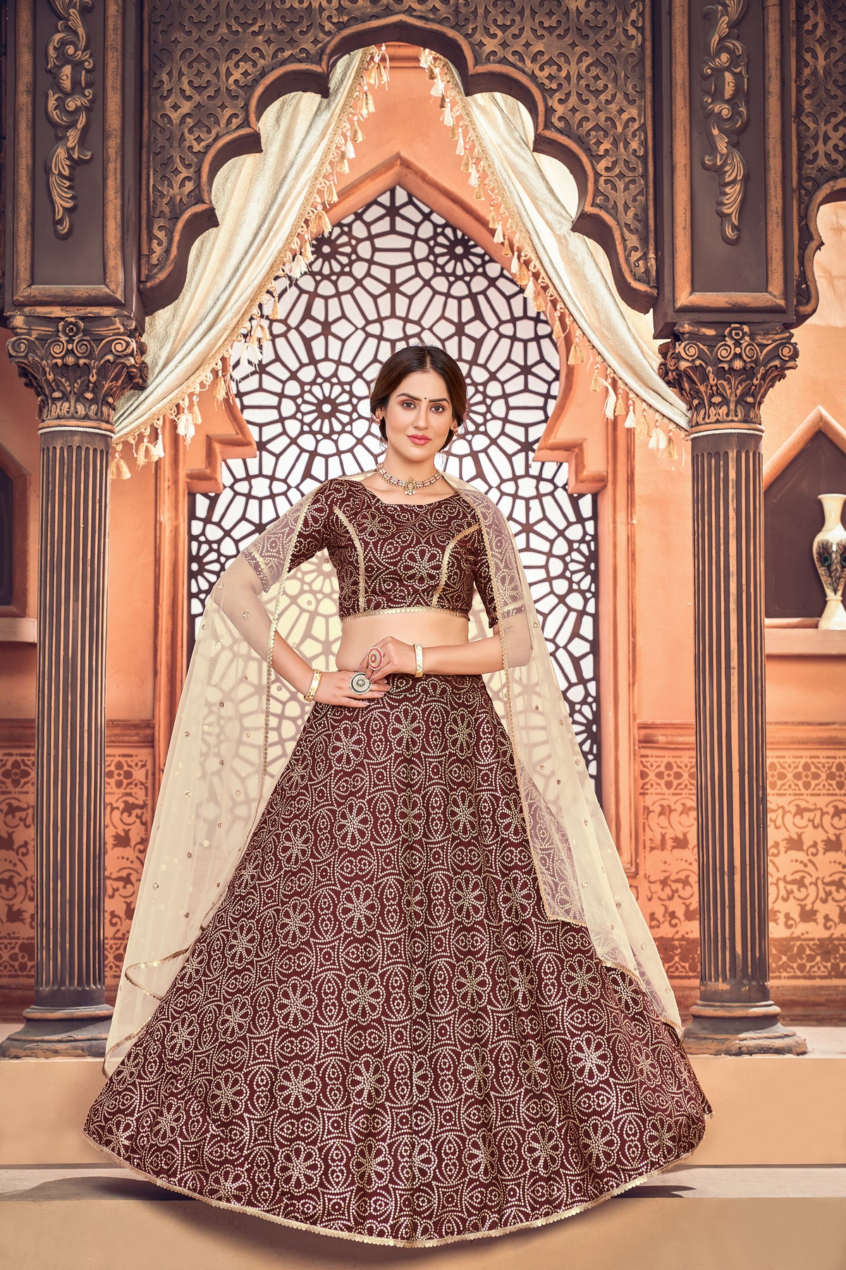 Deep Maroon Metallic Foil Printed Taffeta-Silk Semi Stitched Lehenga ClothsVilla Main image