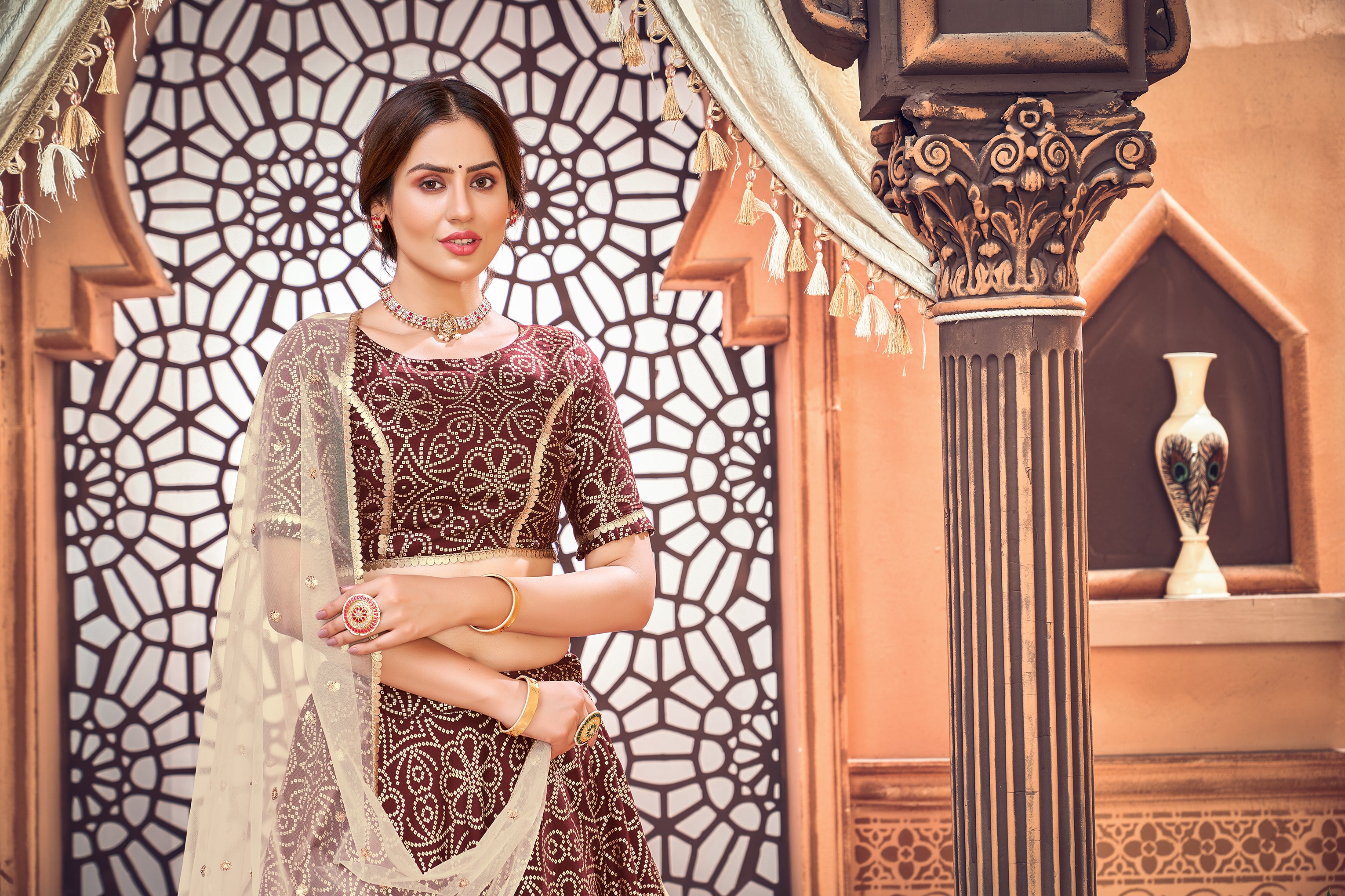 Deep Maroon Metallic Foil Printed Taffeta-Silk Semi Stitched Lehenga ClothsVilla