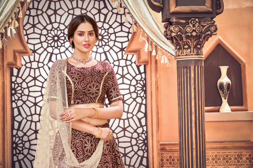 Deep Maroon Metallic Foil Printed Taffeta-Silk Semi Stitched Lehenga ClothsVilla
