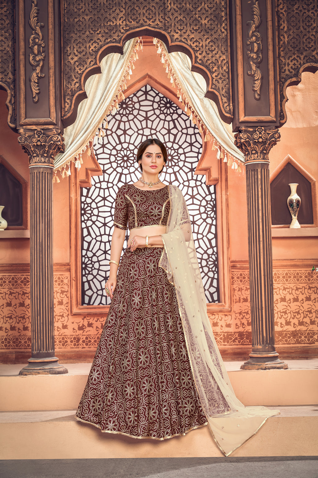 Deep Maroon Metallic Foil Printed Taffeta-Silk Semi Stitched Lehenga ClothsVilla