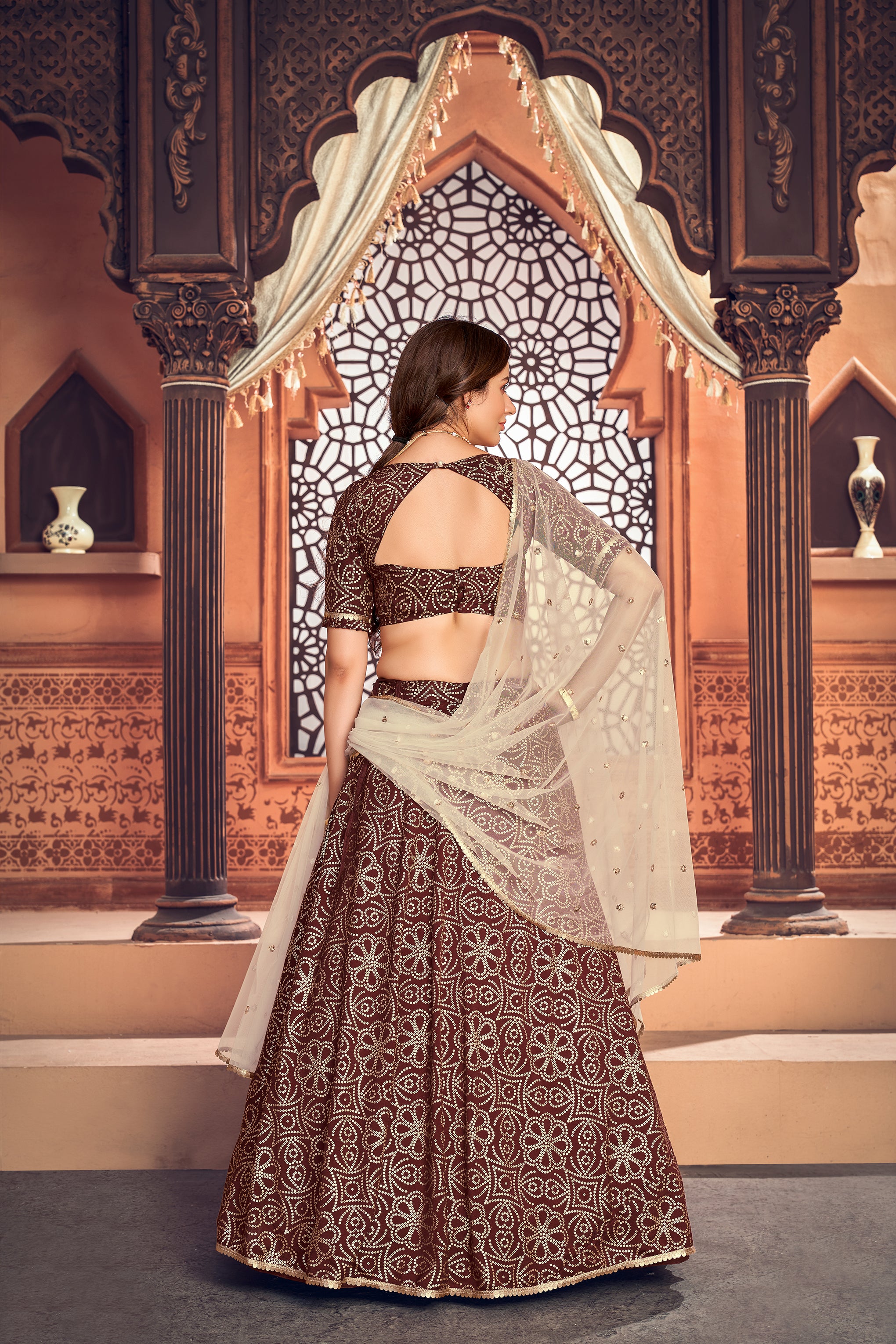 Deep Maroon Metallic Foil Printed Taffeta-Silk Semi Stitched Lehenga ClothsVilla