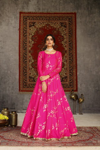 Deep Pink Metallic Foilage Taffeta Evening Long Gown Semi Stitched ClothsVilla