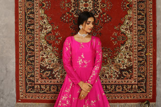 Deep Pink Metallic Foilage Taffeta Evening Long Gown Semi Stitched ClothsVilla