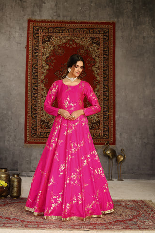 Deep Pink Metallic Foilage Taffeta Evening Long Gown Semi Stitched ClothsVilla