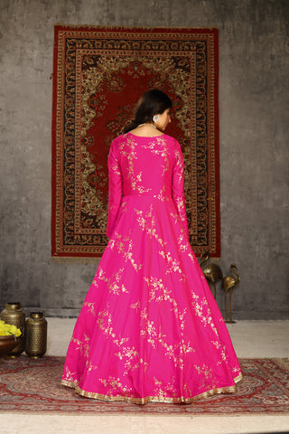 Deep Pink Metallic Foilage Taffeta Evening Long Gown Semi Stitched ClothsVilla