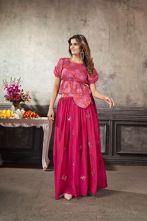Deep Pink Art Silk Thread With Sequins Embroidered Crop-Top Skirt ClothsVilla.com