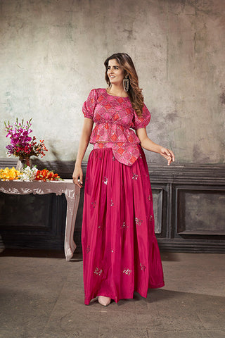 Deep Pink Art Silk Thread With Sequins Embroidered Crop-Top Skirt ClothsVilla.com
