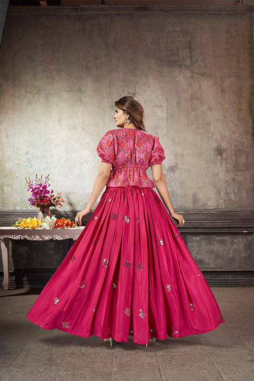 Deep Pink Art Silk Thread With Sequins Embroidered Crop-Top Skirt ClothsVilla.com