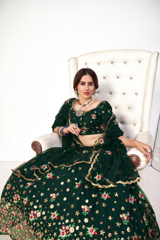Delightful Green Net Thread And Sequins Embroidered Lehenga ClothsVilla