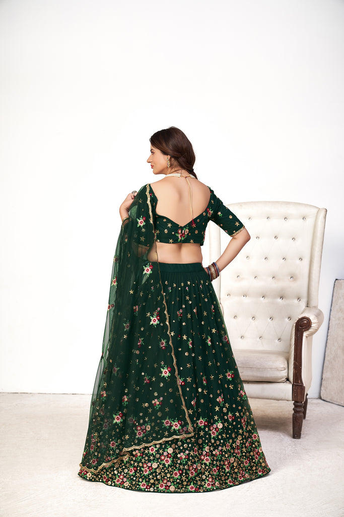 Delightful Green Net Thread And Sequins Embroidered Lehenga ClothsVilla