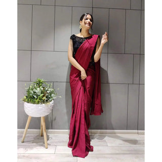 Designer Maroon Silk Readymade Saree with Handwork Blouse Material ClothsVilla