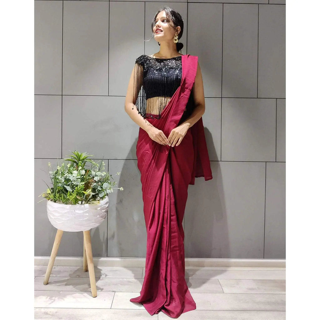 Designer Maroon Silk Readymade Saree with Handwork Blouse Material ClothsVilla