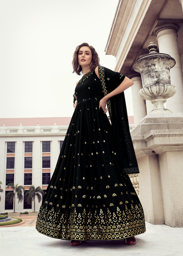 Black Net Semi Stitched Designer Gown Style Suit Online FABANZA