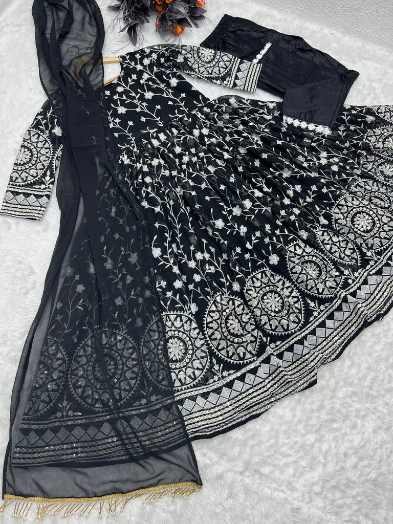 Designer Black Color Thread Work Gown Clothsvilla