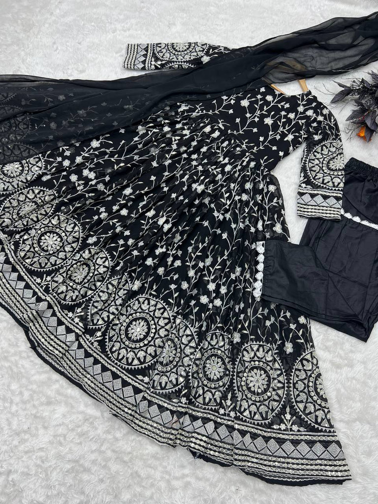 Designer Black Color Thread Work Gown Clothsvilla