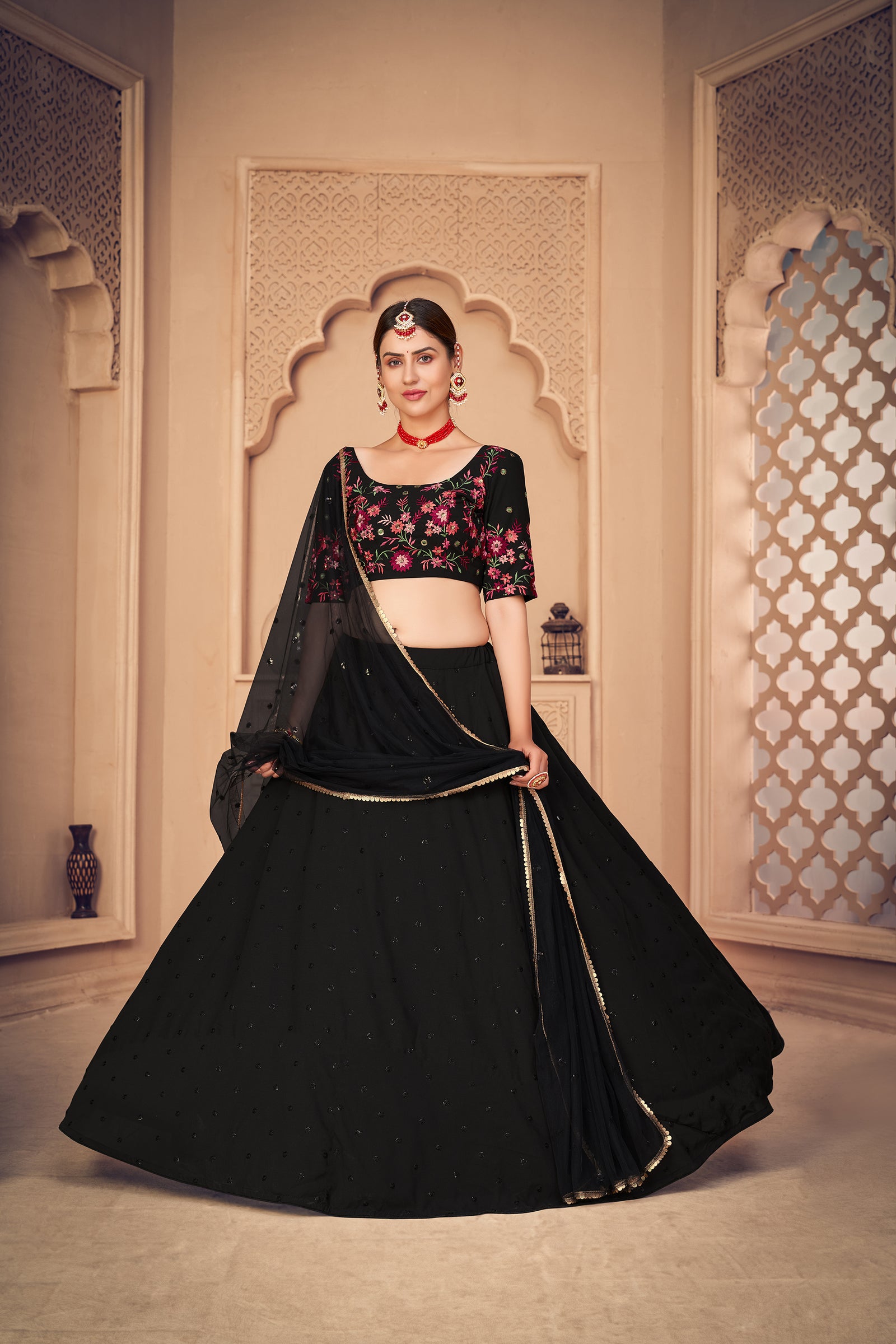 Designer Black Thread And Sequins Embroidered Georgette Semi Stitched Bridal Lehenga ClothsVilla