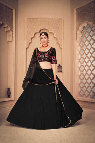 Designer Black Thread And Sequins Embroidered Georgette Semi Stitched Bridal Lehenga ClothsVilla