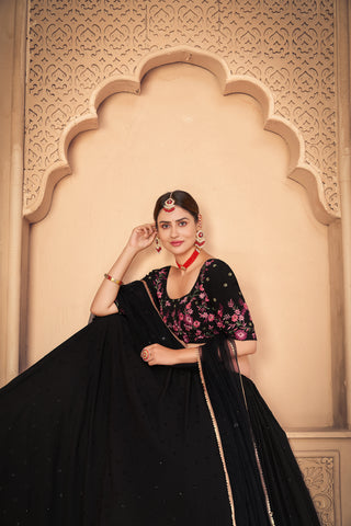 Designer Black Thread And Sequins Embroidered Georgette Semi Stitched Bridal Lehenga ClothsVilla