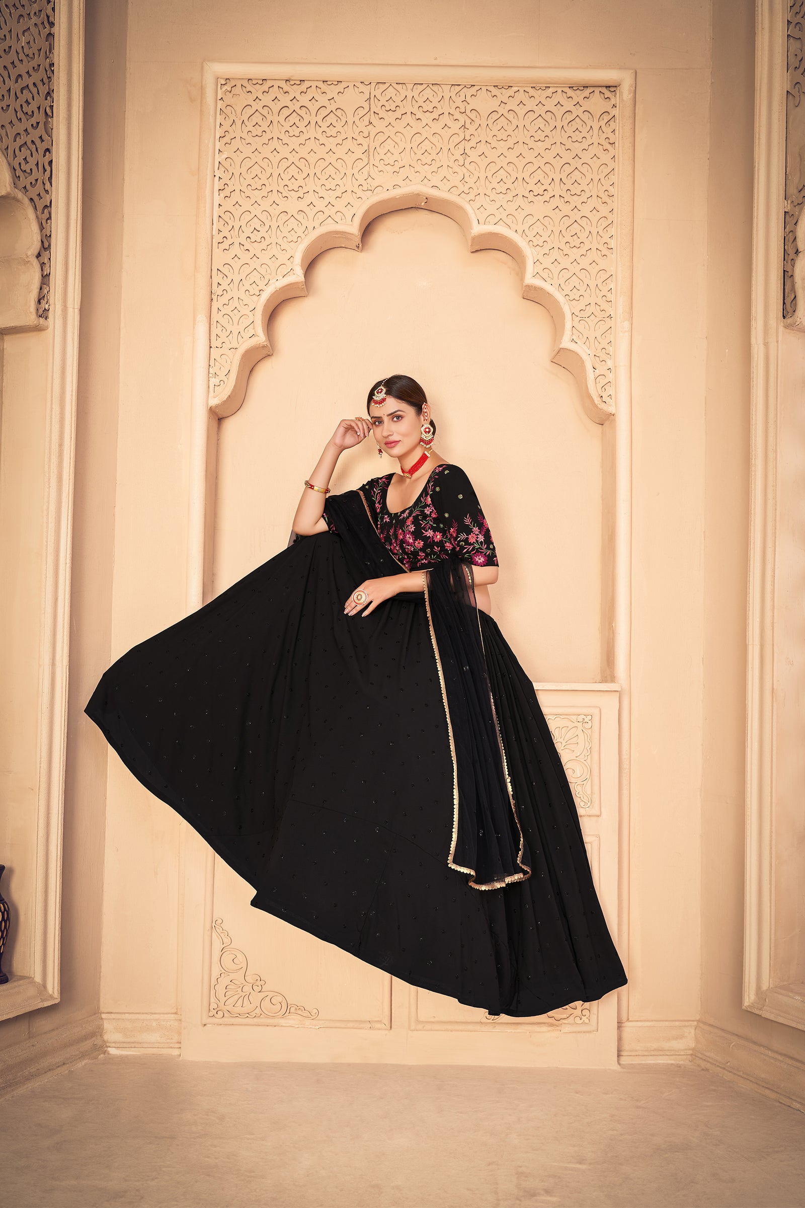 Designer Black Thread And Sequins Embroidered Georgette Semi Stitched Bridal Lehenga ClothsVilla