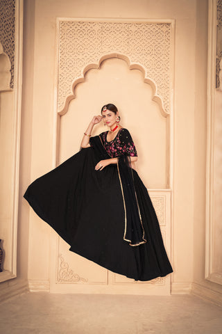 Designer Black Thread And Sequins Embroidered Georgette Semi Stitched Bridal Lehenga ClothsVilla
