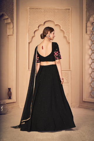 Designer Black Thread And Sequins Embroidered Georgette Semi Stitched Bridal Lehenga ClothsVilla