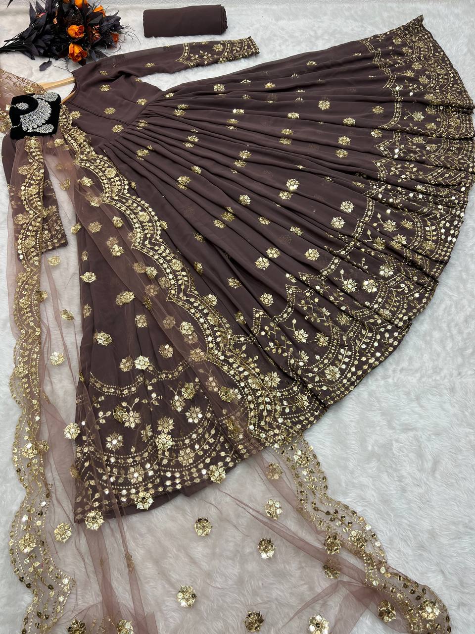 Designer Brown Color Embroidery Sequence Work Gown Clothsvilla