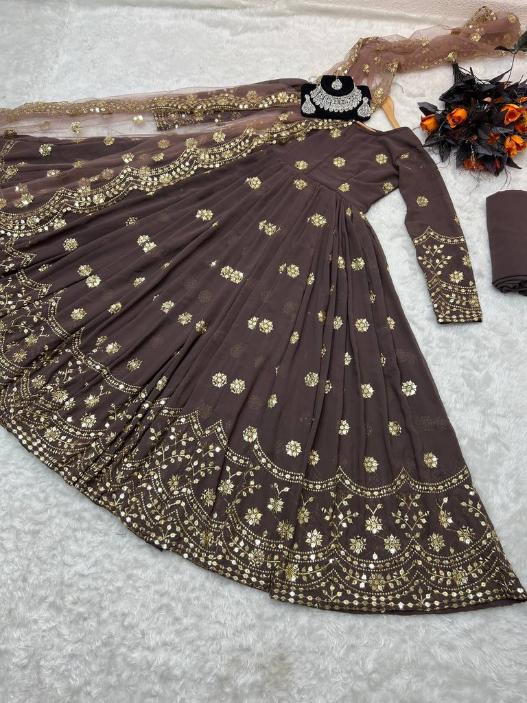 Designer Brown Color Embroidery Sequence Work Gown Clothsvilla