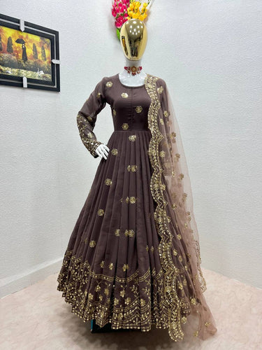 Designer Brown Color Embroidery Sequence Work Gown Clothsvilla