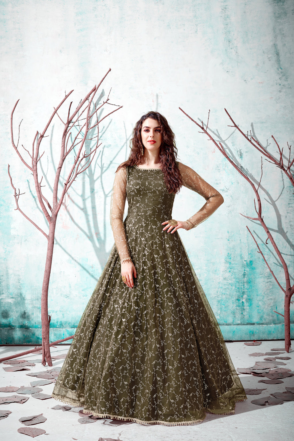 Designer Dark Mehendi Green Net Embroidery Ethnic Gown For Woman ClothsVilla