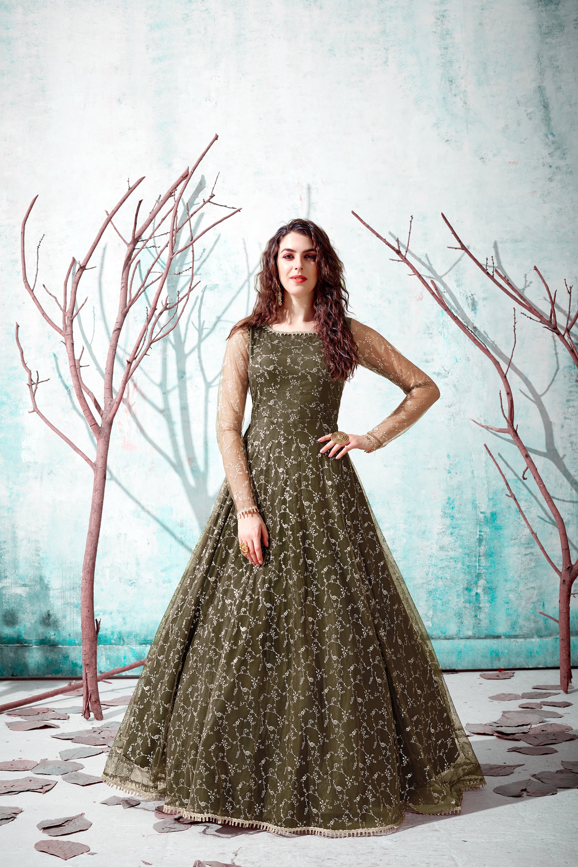 Designer Dark Mehendi Green Net Embroidery Ethnic Gown For Woman ClothsVilla