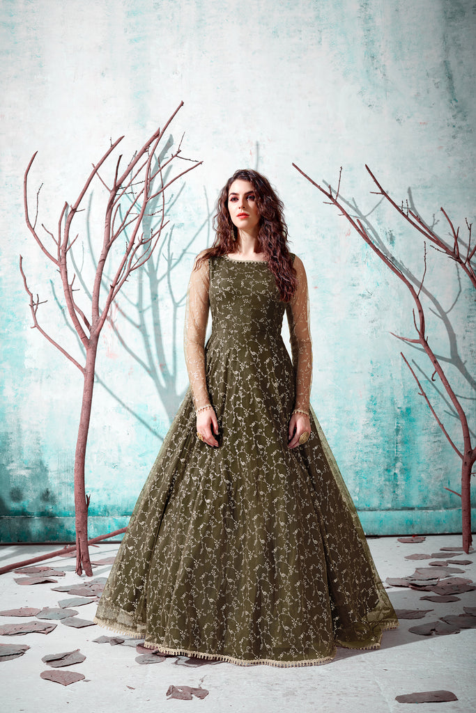 Designer Dark Mehendi Green Net Embroidery Ethnic Gown For Woman ClothsVilla
