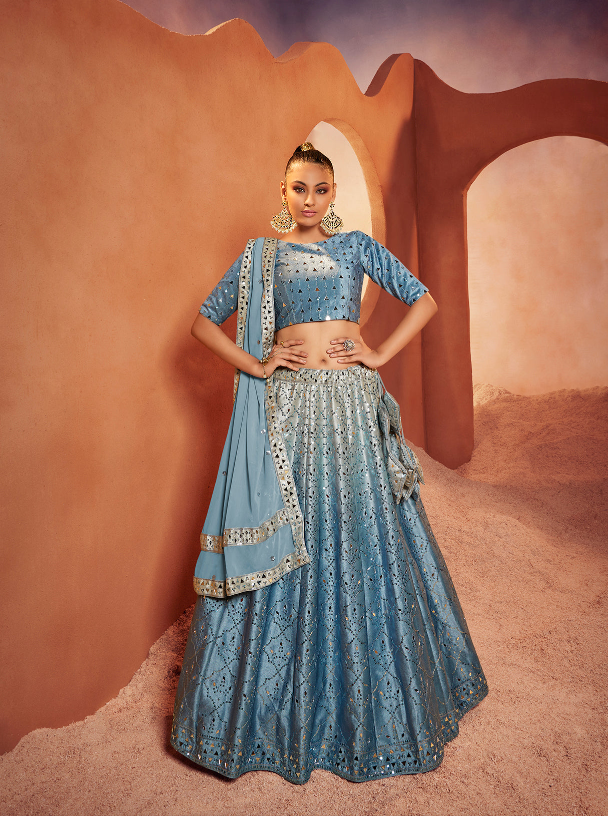 Designer Dusty Sky Color Mirror & Sequence Work Velvet Lehenga Choli Clothsvilla