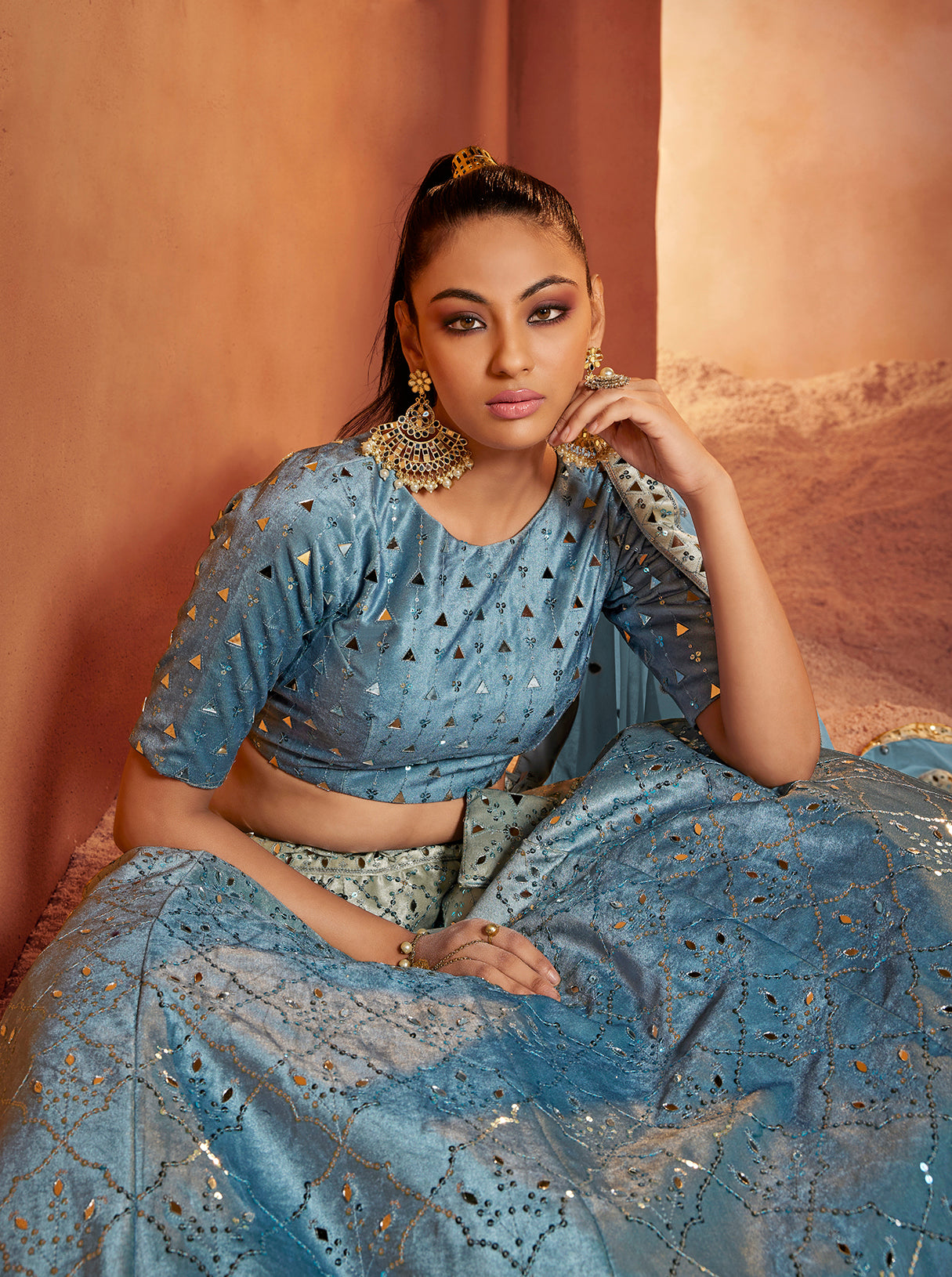 Designer Dusty Sky Color Mirror & Sequence Work Velvet Lehenga Choli Clothsvilla