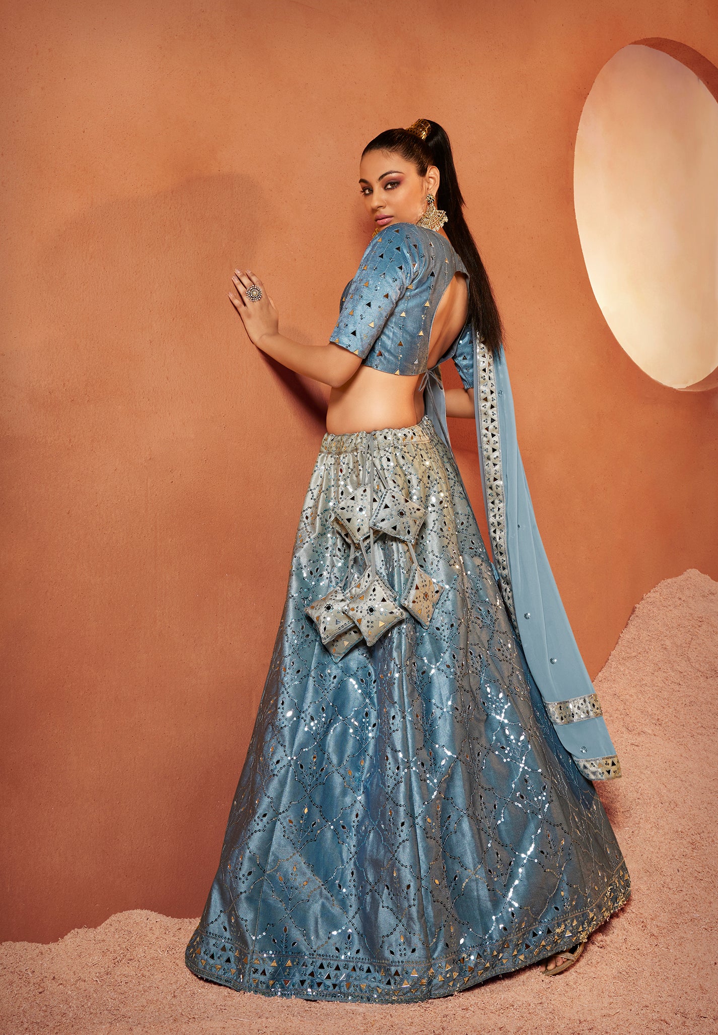 Designer Dusty Sky Color Mirror & Sequence Work Velvet Lehenga Choli Clothsvilla