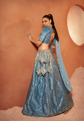 Designer Dusty Sky Color Mirror & Sequence Work Velvet Lehenga Choli Clothsvilla