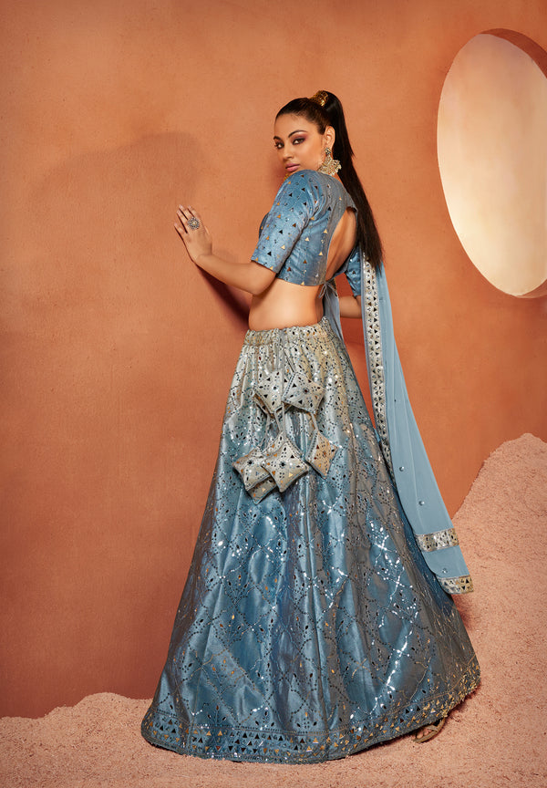 Designer Dusty Sky Color Mirror & Sequence Work Velvet Lehenga Choli Clothsvilla