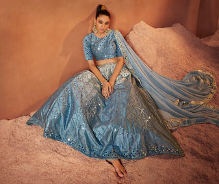 Designer Dusty Sky Color Mirror & Sequence Work Velvet Lehenga Choli Clothsvilla