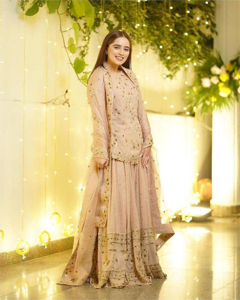 Designer Gold Beige Embroidery Work Party Wear Pakistani Sharara Suit with Dupatta ClothsVilla Main image