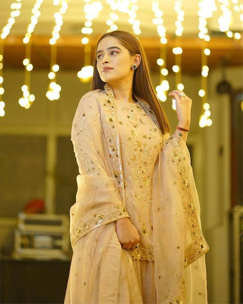 Designer Gold Beige Embroidery Work Party Wear Pakistani Sharara Suit with Dupatta ClothsVilla