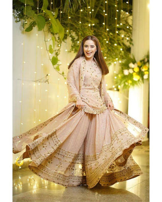 Designer Gold Beige Embroidery Work Party Wear Pakistani Sharara Suit with Dupatta ClothsVilla