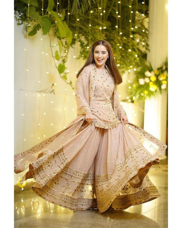 Designer Gold Beige Embroidery Work Party Wear Pakistani Sharara Suit with Dupatta ClothsVilla