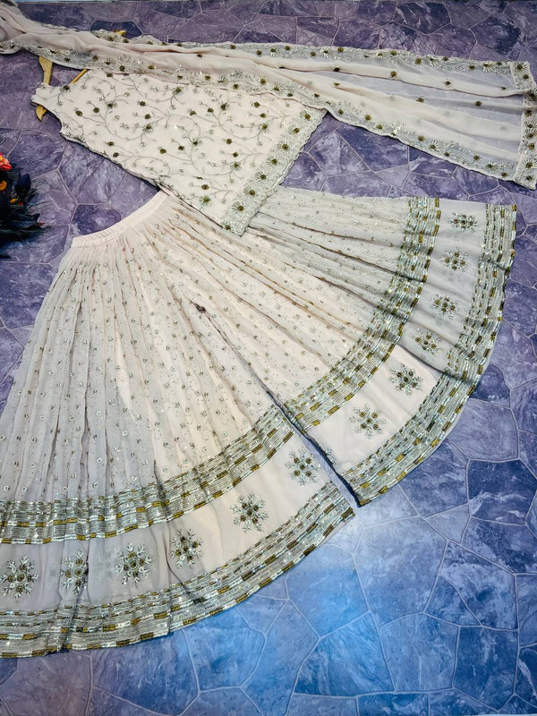 Designer Gold Beige Embroidery Work Party Wear Pakistani Sharara Suit with Dupatta ClothsVilla
