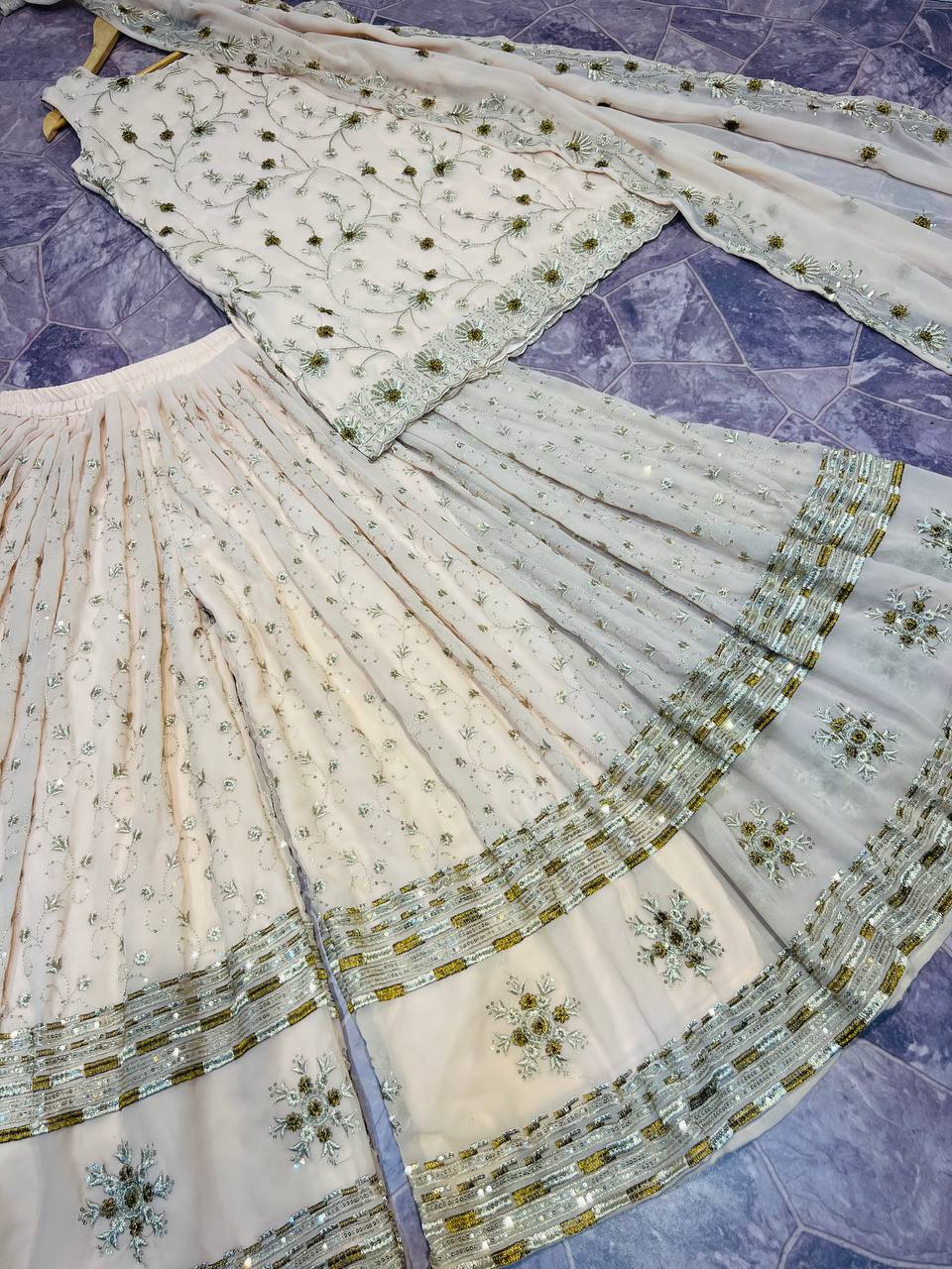Designer Gold Beige Embroidery Work Party Wear Pakistani Sharara Suit with Dupatta ClothsVilla