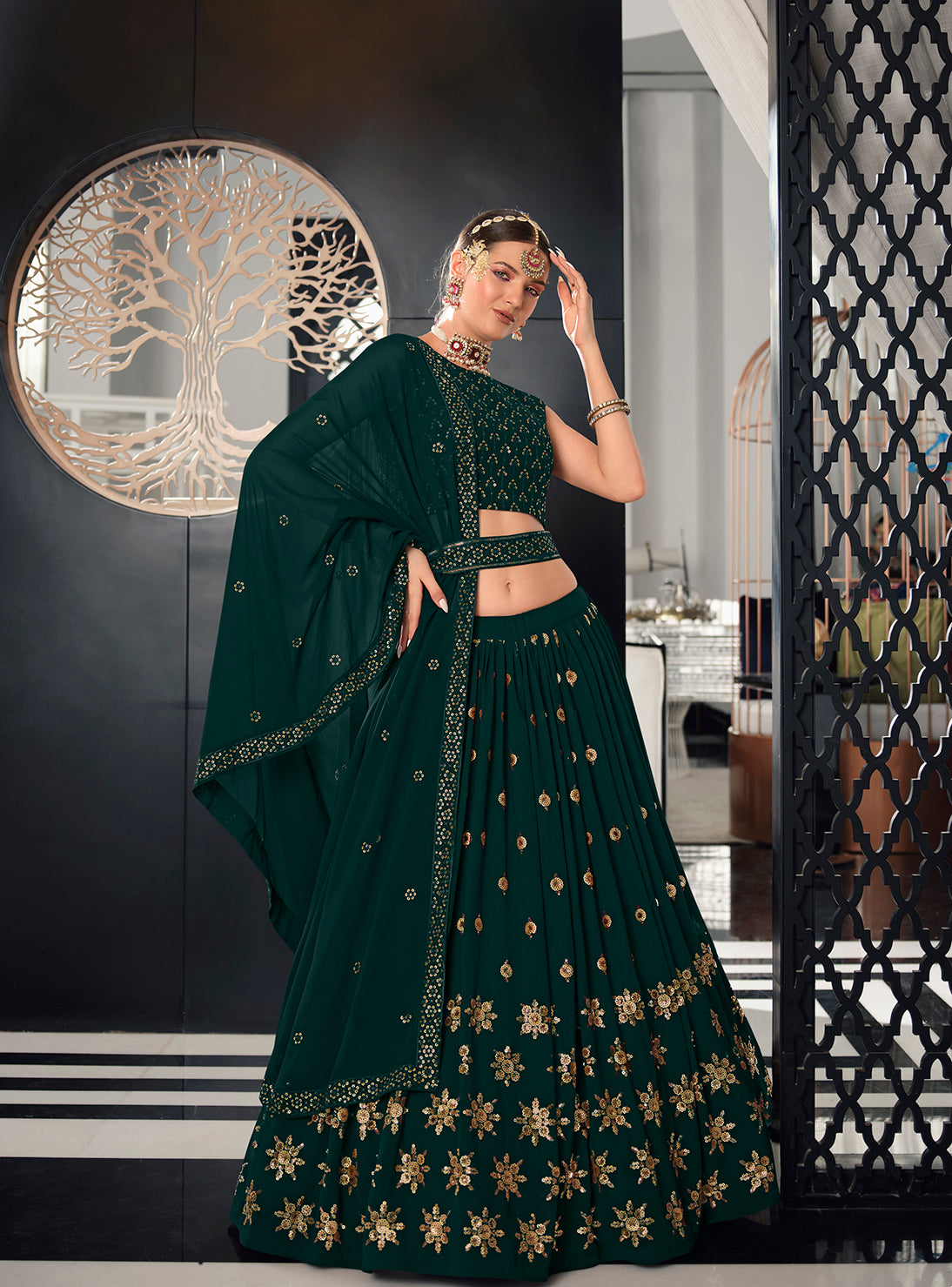 Designer Green Color Sequence Thread Work Lehenga Choli With Belt - ClothsVilla.com