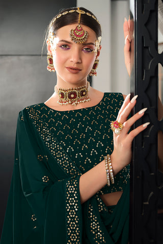 Designer Green Color Sequence Thread Work Lehenga Choli With Belt - ClothsVilla.com