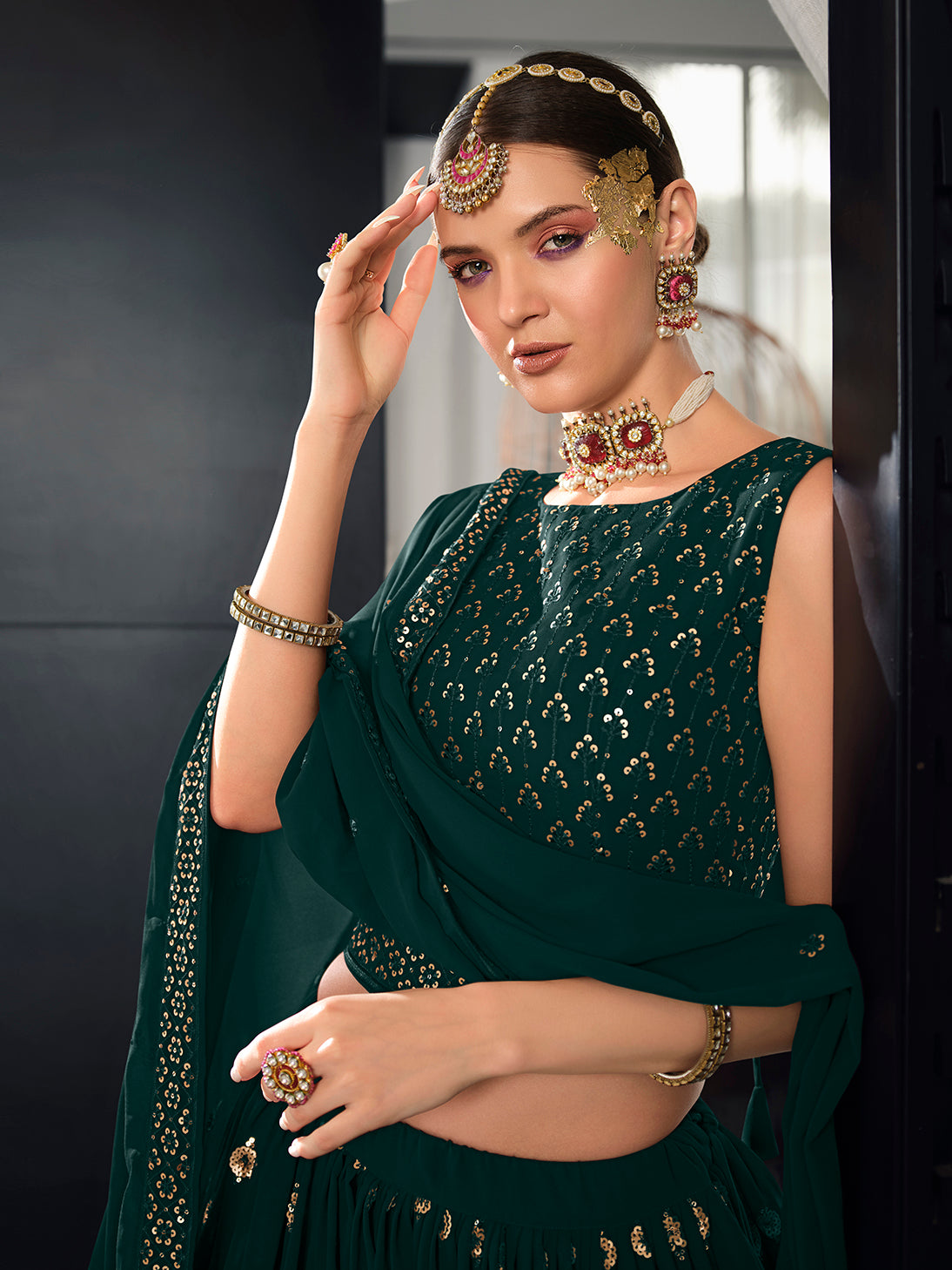 Designer Green Color Sequence Thread Work Lehenga Choli With Belt - ClothsVilla.com
